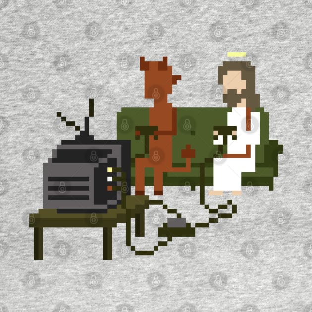 Jesus and Devil Playing Video Games Pixel Art by obinsun